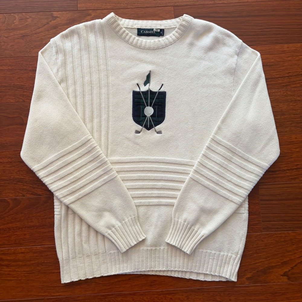 Carmel Mens Vintage Golf Sweater Size M Cream Embroidered Knit Grandpa 90s USA